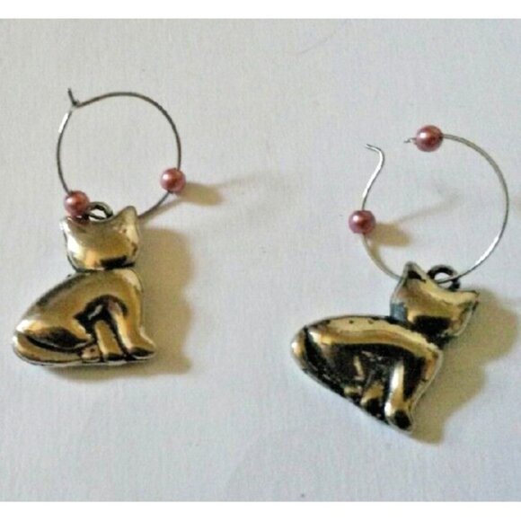 Cute silver tone loop dangle cat kittens earrings - Picture 2 of 4